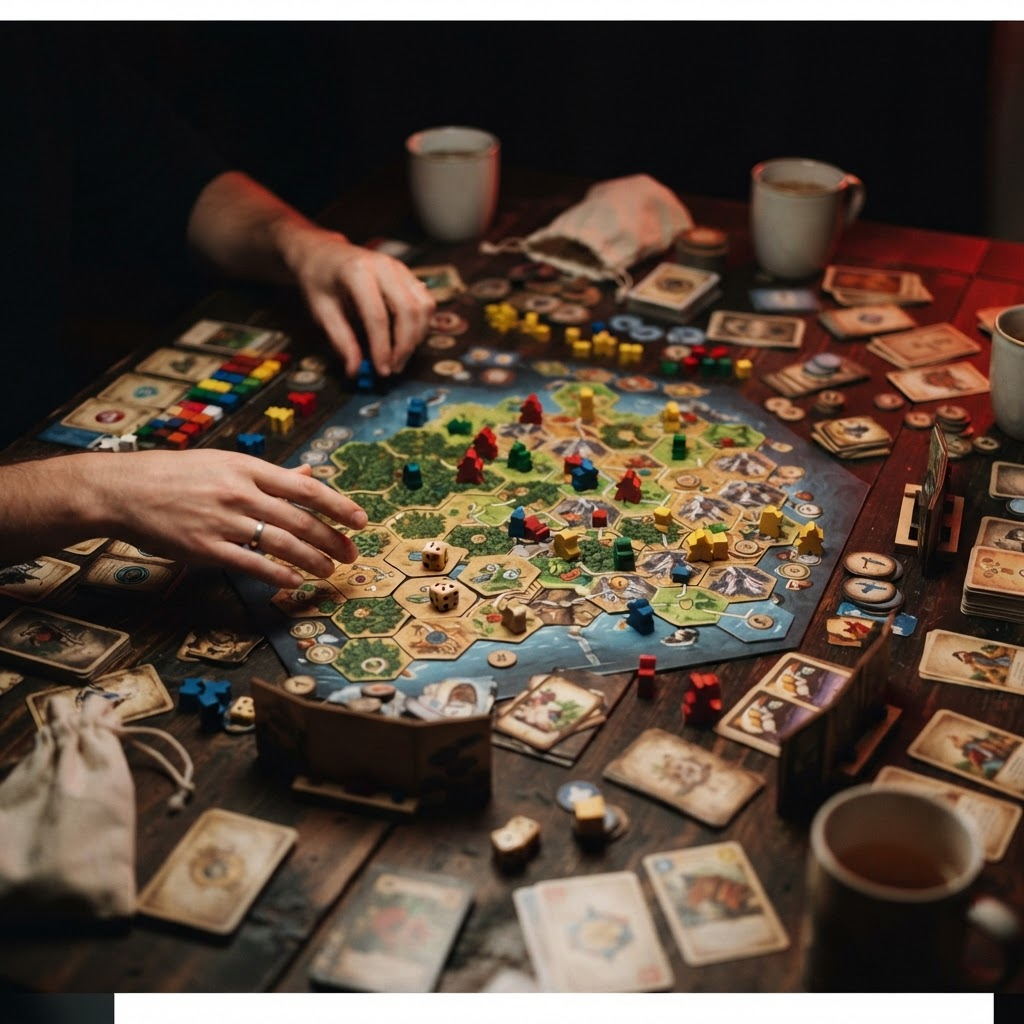 A board game night in progress with dice, meeples, cards and scoring tokens on a dark table
